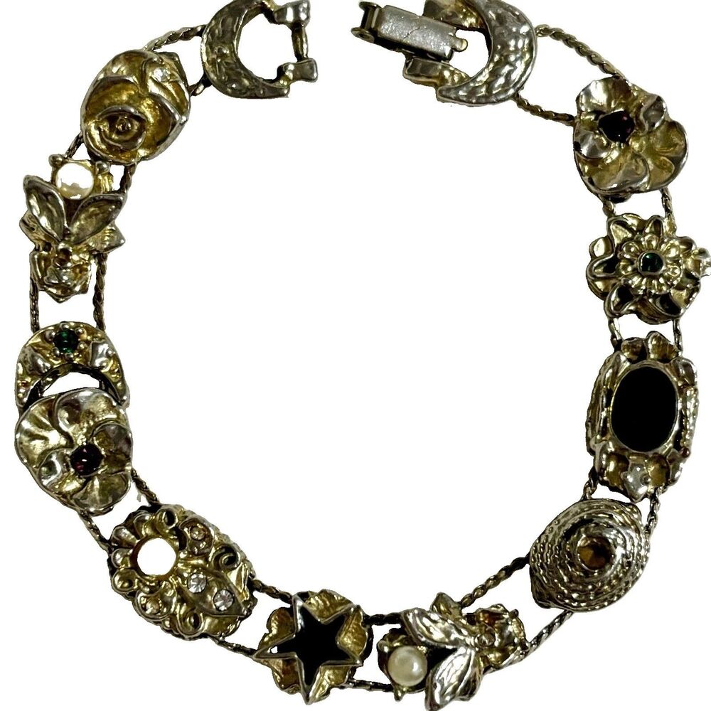 Vintage Goldette? Slide Charm Bracelet Floral Celestial Bee Pearl Rhinestone